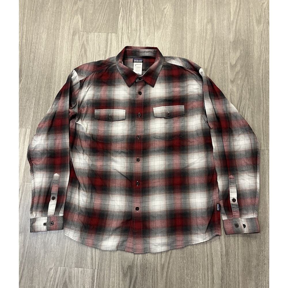 Patagonia Shirt Mens Large Plaid Red Black Gray Button Work Organic Buckshot
